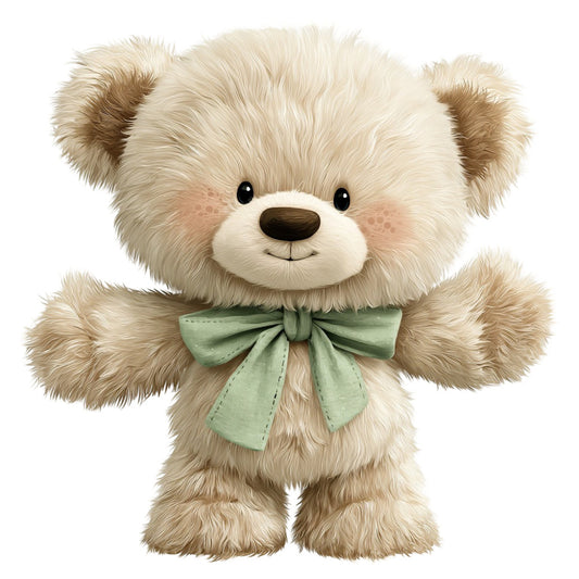 teddy bear, cream, beige, tan, soft green, sage green, mint green, cute, whimsical, animals, stuffed animal, baby, nursery, children's, adorable, fuzzy, plush, bow, ribbon, gentle, sweet, soft, pastel, gender neutral, baby shower, nursery decor, kids fabric, storybook, charming, endearing