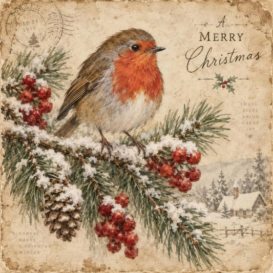robin, red breast, christmas, holiday, winter, vintage, nostalgic, snow, evergreen, pine branches, berries, red berries, cottage core, rustic, traditional, elegant, nature, birds, woodland, festive, seasonal, cream, tan, beige, forest green, rust red, coral red, postage stamp, retro, snowy landscape