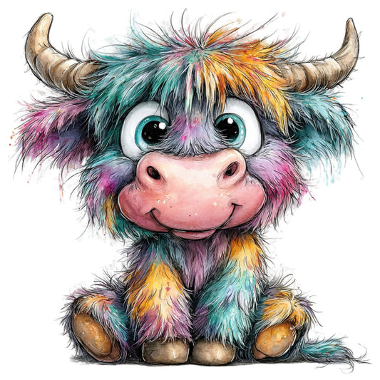 rainbow colors, turquoise, pink, purple, golden yellow, multicolor, whimsical, adorable, cute animals, highland cattle, bull, cow, big eyes, smiling face, friendly expression, colorful hair, bohemian style, modern whimsy, children's design, nursery, baby quilt, wall art, kids fabric, playful, charming, illustration style, watercolor effect, animal portrait, fantasy creature, rainbow hair