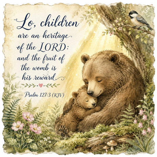 cream, beige, tan, forest green, sage green, dusty rose, pink, brown, natural tones, floral, nature, animals, bears, birds, woodland, forest, scripture, religious, inspirational, vintage, rustic, whimsical, elegant, botanical, ferns, flowers, garden, mother and child, nurturing, peaceful