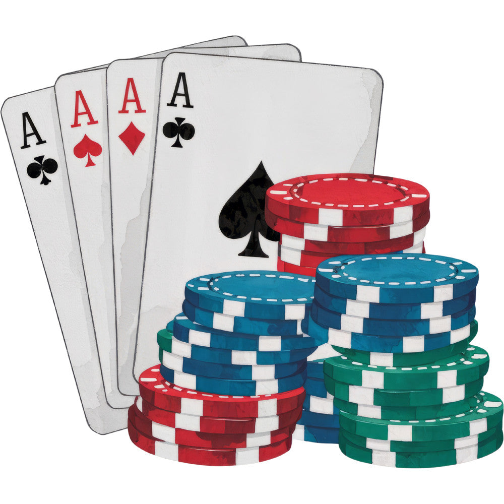 playing cards, poker chips, casino theme, four aces, red chips, blue chips, green chips, white accents, gambling motif, card games, spades suit, hearts suit, diamonds suit, clubs suit, fabric panel, quilting cotton, gaming design, entertainment theme, red white blue, stacked chips