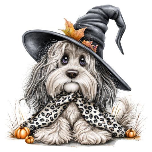 witch dog, halloween, autumn, fall, pumpkins, leopard print, animal print, whimsical, charcoal gray, cream white, orange, black, cute animals, dog lover, seasonal, holiday, festive, witch hat, leaves, cozy, playful, vintage style, children's, kids' theme, decorative, novelty print, character design