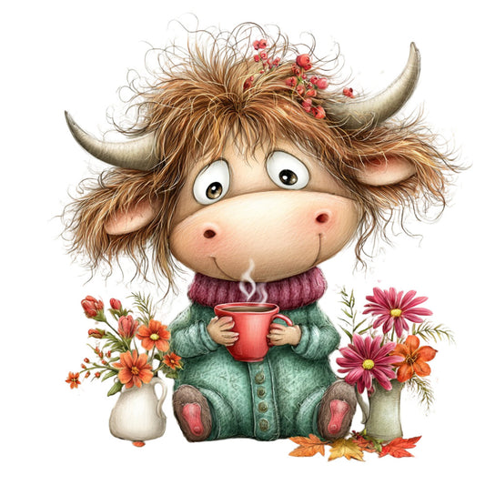 highland cow, whimsical animals, rust orange, forest green, mauve purple, floral, autumn, spring, nature, farmhouse, rustic, charming, cow with flowers, pastoral, countryside, cozy, warm tones, cottage style, child-friendly, illustrated animals, decorative flowers, daisies, berries, leaf accents, tea cup, wool sweater, gentle illustrations, folk art, storybook, cute animals