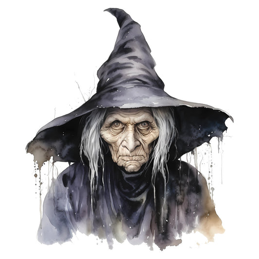 witch, halloween, dark fantasy, watercolor, spooky, mystical, charcoal gray, black, cream, off-white, beige, aged appearance, distressed, portrait, character design, whimsical dark, gothic, autumn, fall, evil character, magical, enchanted, fantasy art, illustration style, vintage horror, costume, seasonal decor, wall hanging, art panel