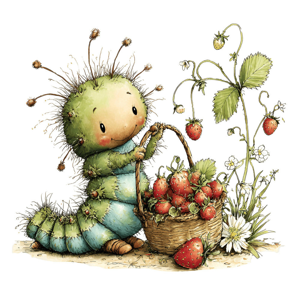 sage green, cream, soft blue, coral pink, cheerful, whimsical, cute cactus, strawberries, nature, garden, botanical, spring, summer, children, baby, character, playful, friendly, daisies, berries, folk art, storybook, innocent, sweet, charming, pastoral, woodland creatures, illustration style, illustrated, soft watercolor
