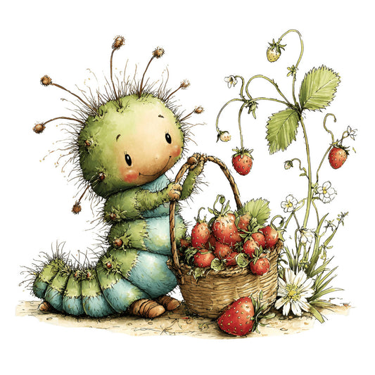 sage green, cream, soft blue, coral pink, cheerful, whimsical, cute cactus, strawberries, nature, garden, botanical, spring, summer, children, baby, character, playful, friendly, daisies, berries, folk art, storybook, innocent, sweet, charming, pastoral, woodland creatures, illustration style, illustrated, soft watercolor