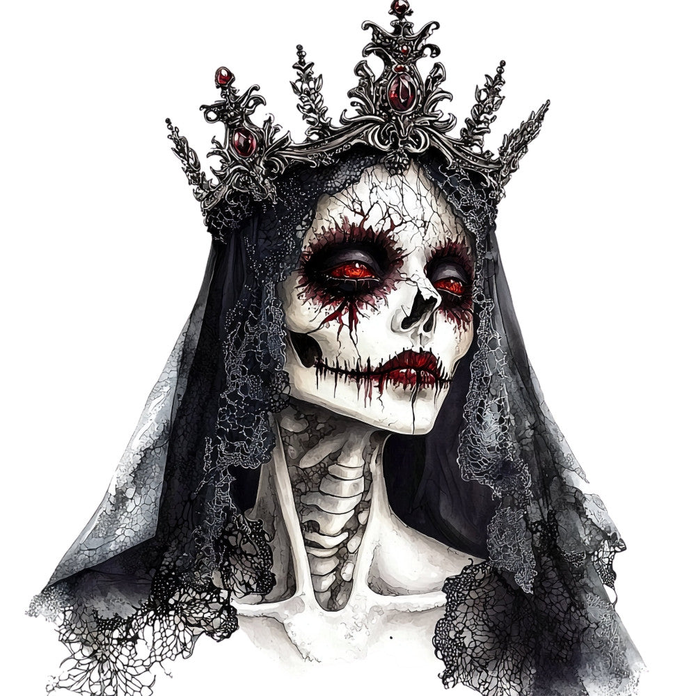 gothic skull, skeleton face, ornate crown, dark romantic, halloween, spooky, bone white, deep black, blood red, dark academia, victorian goth, skull motif, lace veil, macabre art, skull and bones, gothic elegance, dark fantasy, horror themed, day of the dead, memento mori, baroque skull, elegant gothic, dark aesthetic, skeleton queen, haunting beauty, edgy bold, dramatic dark, mystical dark, goth fashion, alternative style