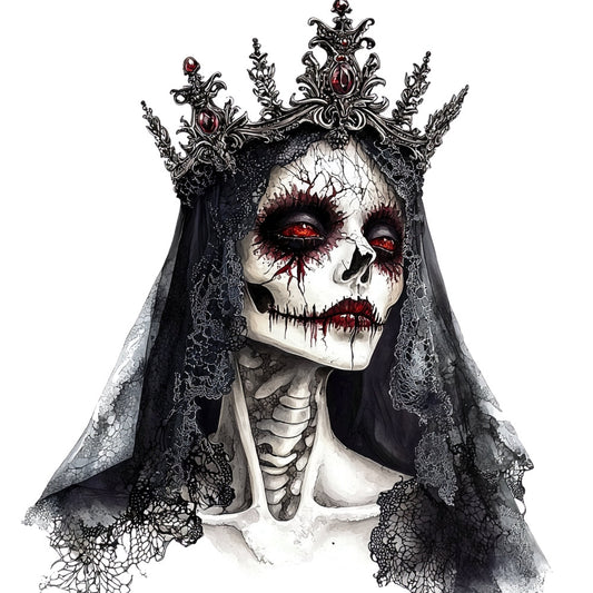 gothic skull, skeleton face, ornate crown, dark romantic, halloween, spooky, bone white, deep black, blood red, dark academia, victorian goth, skull motif, lace veil, macabre art, skull and bones, gothic elegance, dark fantasy, horror themed, day of the dead, memento mori, baroque skull, elegant gothic, dark aesthetic, skeleton queen, haunting beauty, edgy bold, dramatic dark, mystical dark, goth fashion, alternative style