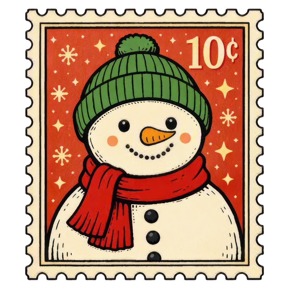 snowman, christmas, holiday, winter, festive, red, green, cream, orange, vintage, retro, whimsical, cheerful, stars, snowflakes, carrot nose, cute, children's, seasonal, nostalgic, traditional, decorative, postage stamp, scarf, knit hat, jolly, joy, winter wonderland, classic holiday