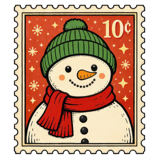 snowman, christmas, holiday, winter, festive, red, green, cream, orange, vintage, retro, whimsical, cheerful, stars, snowflakes, carrot nose, cute, children's, seasonal, nostalgic, traditional, decorative, postage stamp, scarf, knit hat, jolly, joy, winter wonderland, classic holiday