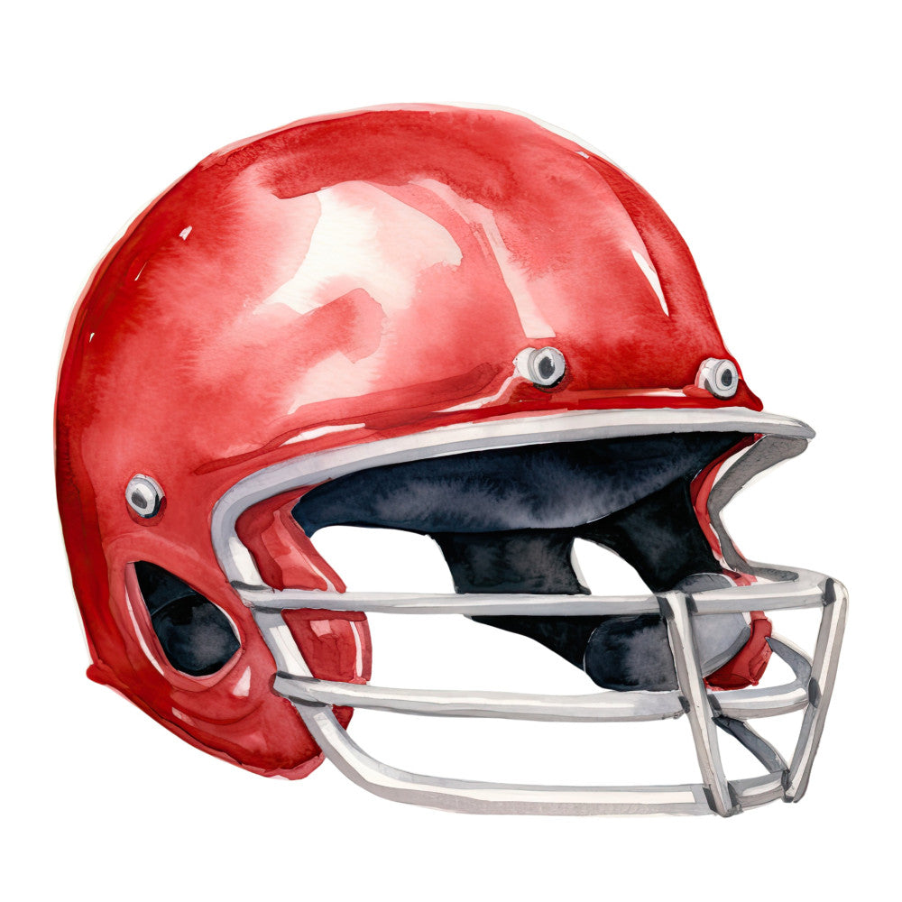 red, bright red, crimson, silver, metallic silver, football helmet, sports, football, athletic, team spirit, gameday, sports fan, masculine, bold, equipment, protective gear, team colors, fan apparel, tailgate, stadium, fall sports, autumn, sports themed, competitive, action, dynamic, modern, contemporary