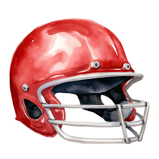 red, bright red, crimson, silver, metallic silver, football helmet, sports, football, athletic, team spirit, gameday, sports fan, masculine, bold, equipment, protective gear, team colors, fan apparel, tailgate, stadium, fall sports, autumn, sports themed, competitive, action, dynamic, modern, contemporary