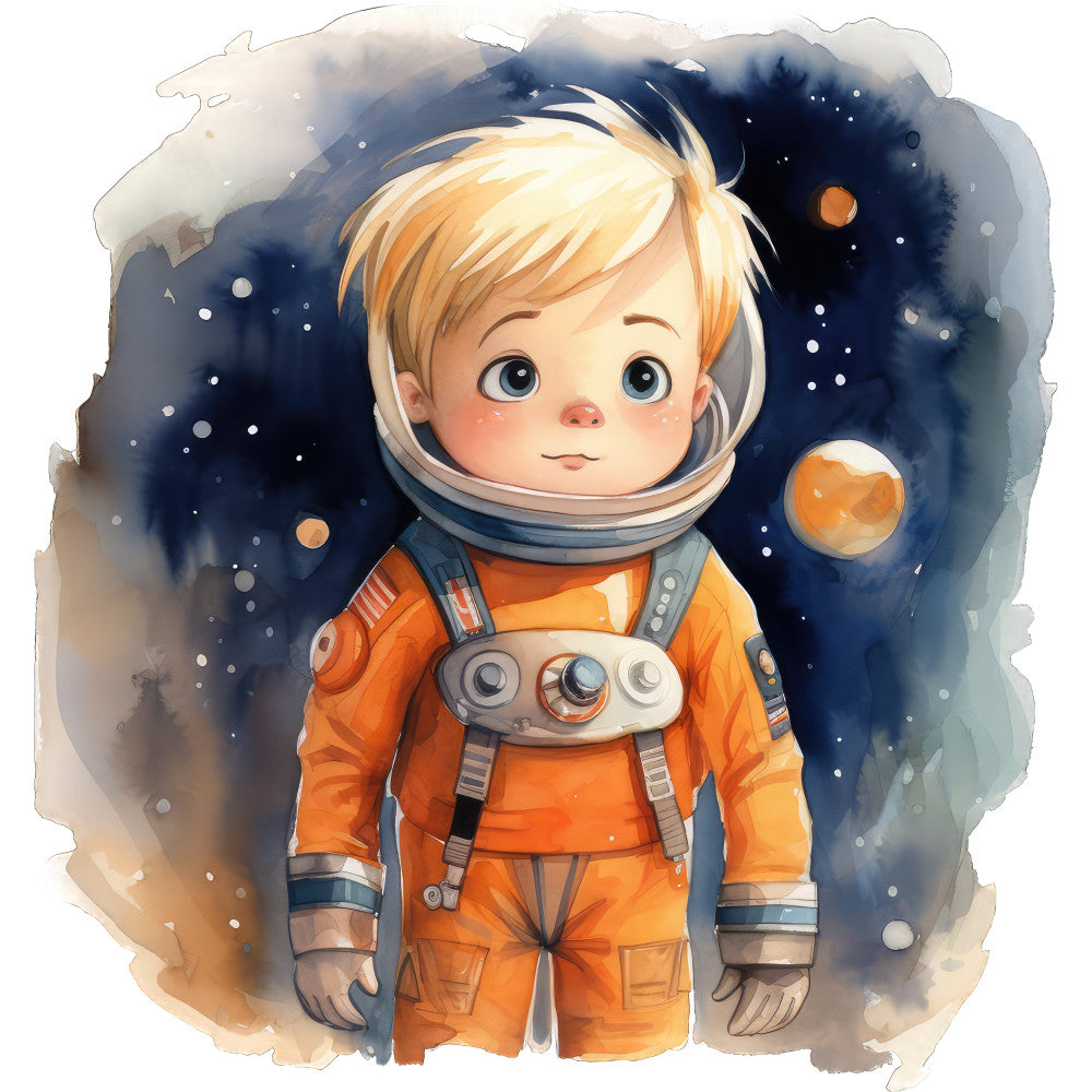 space, astronaut, cosmic, celestial, orange, navy blue, cream, white, child astronaut, young explorer, planets, stars, whimsical, modern, adventure, boys, kids, space suit, helmet, dreamy, watercolor, illustration, space travel, galaxy, sci-fi, nursery, children's bedding, baby quilt, wall art, inspirational