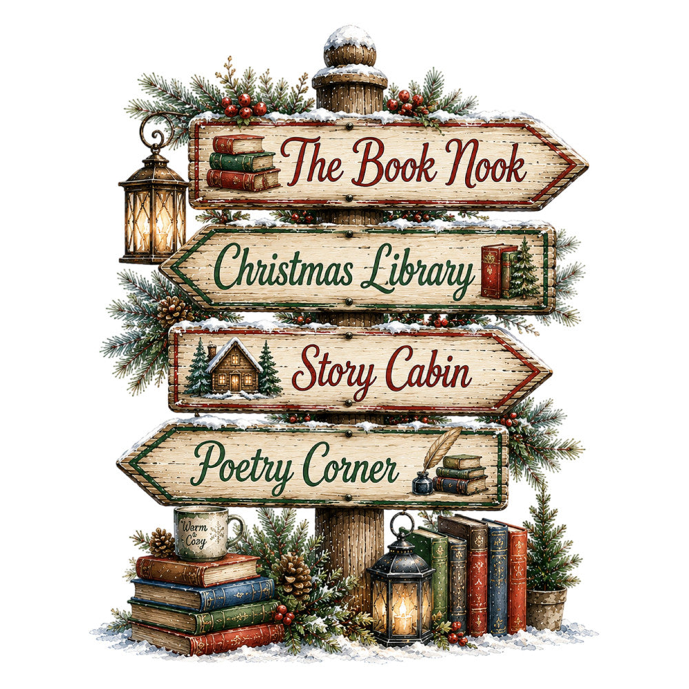 christmas, winter, holiday, literary, books, reading, cabin, cozy, rustic, vintage, cream, burgundy, forest green, red berries, pine branches, festive, traditional, whimsical, lantern, snow, library, poetry, warm, nostalgic, directional sign, storybook, elegant, seasonal, cottage core, classic literature