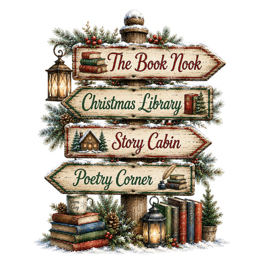 christmas, winter, holiday, literary, books, reading, cabin, cozy, rustic, vintage, cream, burgundy, forest green, red berries, pine branches, festive, traditional, whimsical, lantern, snow, library, poetry, warm, nostalgic, directional sign, storybook, elegant, seasonal, cottage core, classic literature