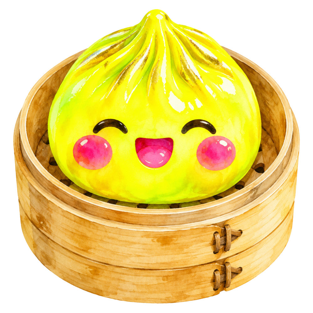 bright yellow, hot pink, magenta, cute face, kawaii, character, dumpling, asian cuisine, playful, whimsical, food themed, dim sum, steamed bun, bao, children's, kid friendly, happy expression, smiling face, novelty, fun, colorful, wood basket, bamboo steamer, natural wood tones, illustrative, folk art style, lighthearted, cheerful