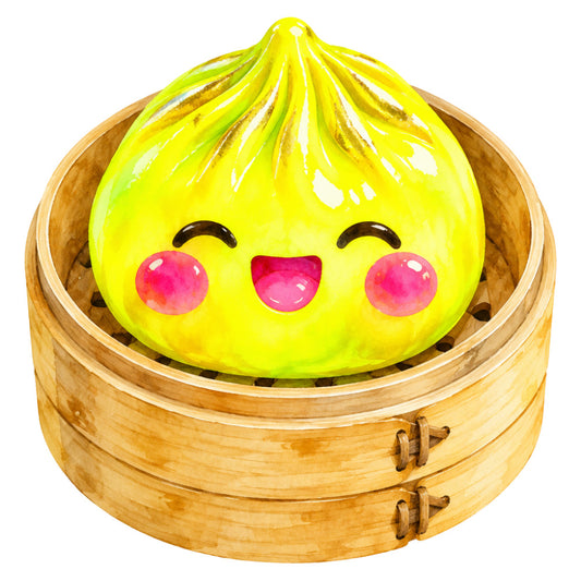 bright yellow, hot pink, magenta, cute face, kawaii, character, dumpling, asian cuisine, playful, whimsical, food themed, dim sum, steamed bun, bao, children's, kid friendly, happy expression, smiling face, novelty, fun, colorful, wood basket, bamboo steamer, natural wood tones, illustrative, folk art style, lighthearted, cheerful