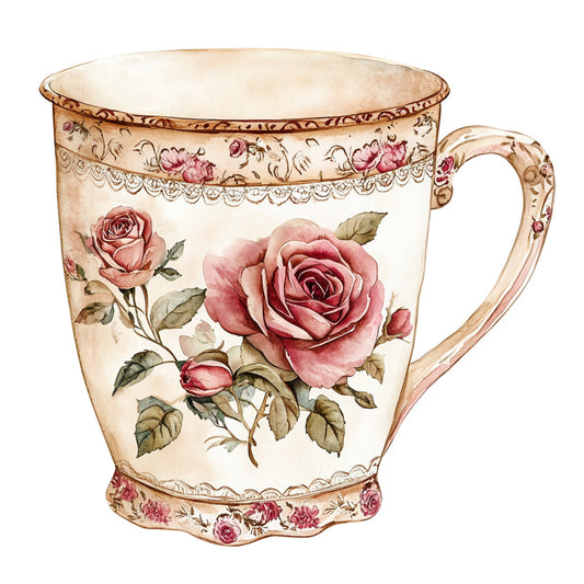 vintage teacup, floral, roses, pink roses, dusty rose, cream, beige, tan, gold trim, botanical, garden, romantic, elegant, traditional, victorian, shabby chic, antique, decorative border, lace trim, tea time, cottage core, spring, summer, nature inspired, feminine, classic, heritage, timeless, english country