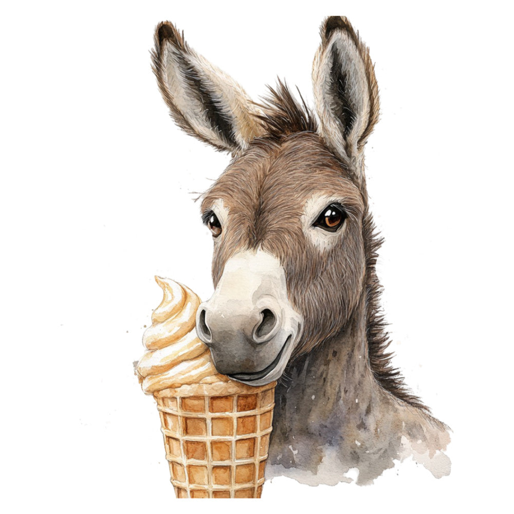 donkey, farm animals, ice cream cone, whimsical, cute, playful, tan, brown, cream, beige, taupe, animal portrait, humorous, quirky, farmhouse, rustic, children's, kids, novelty, food, sweet treats, funny animals, illustration art, watercolor style, nature inspired, gift fabric, nursery, baby, character print