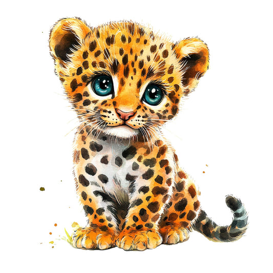 leopard cub, baby animal, spotted pattern, orange, gold, cream, turquoise eyes, wildlife, cute, whimsical, playful, children's, nursery, safari, big cats, spotted motif, watercolor style, illustration, modern, nature themed, baby quilt, wall hanging, bedding, soft colors, animal lover, kids fabric, jungle theme, artistic, painted effect