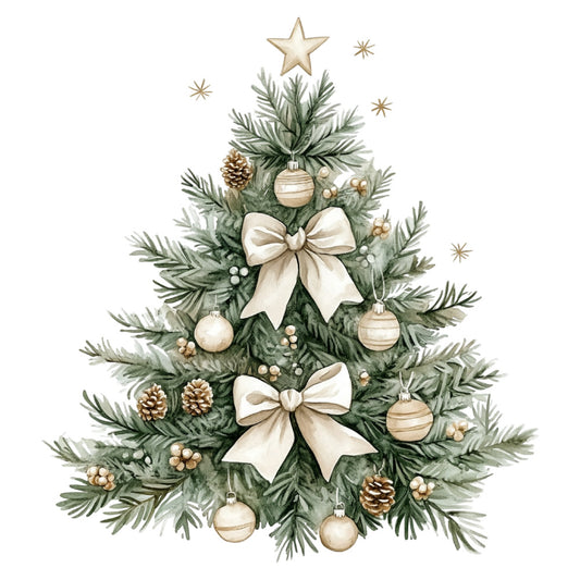 christmas tree, holiday, cream, ivory, beige, tan, sage green, forest green, gold, metallic, ornaments, stars, bows, ribbons, pinecones, berries, evergreen branches, elegant, rustic, traditional, festive, winter, christmas, botanical, nature, vintage, warm, neutral palette, decorative, seasonal