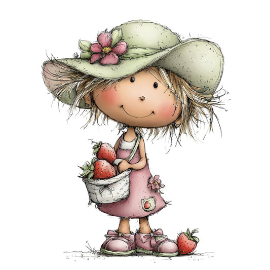 cream, sage green, dusty rose, mauve, coral pink, peach, brown, whimsical, cute, girl, strawberries, flowers, floral, nature, garden, spring, summer, country, farmhouse, vintage, sweet, charming, children's, kids, storybook, illustration, character, apron, hat, boots
