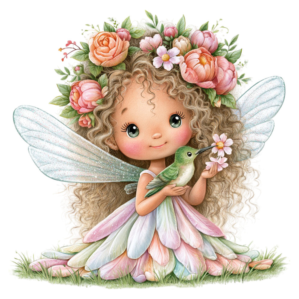 fairy, fairy tale, whimsical, fantasy, flowers, floral, peonies, roses, daisies, nature, spring, pastel colors, soft pink, coral pink, sage green, cream, soft peach, hummingbird, bird, wings, fairy wings, magical, storybook, children's, nursery, baby, garden, cottage core, romantic, delicate
