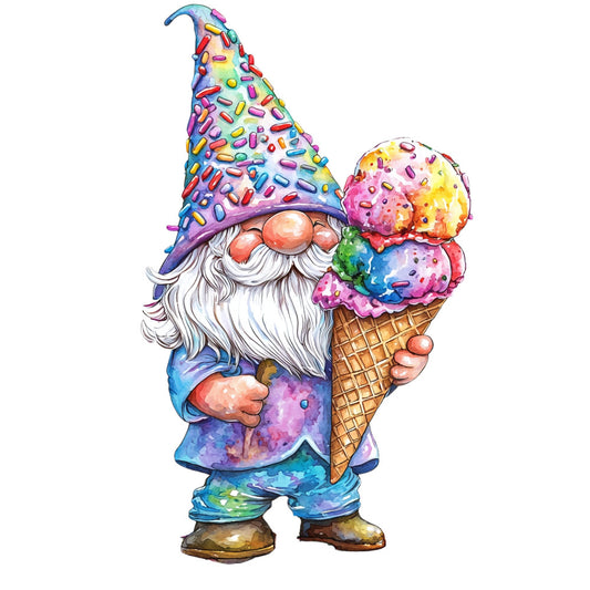 gnome, whimsical, ice cream, rainbow, multicolor, colorful, bright, vibrant, purple, blue, pink, yellow, green, candy, sprinkles, children, playful, fantasy, magical, novelty, character, fun, summer, sweet treat, cone, food theme, girly, feminine, cute, kids collection