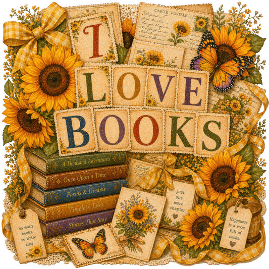 i love books, sunflowers, vintage postcard, butterflies, yellow, gold, cream, rust, dark green, navy blue, purple, floral, botanical, literary, book themed, whimsical, rustic, vintage, cottage core, shabby chic, romantic, autumn, fall, sunflower motifs, monarch butterflies, stacked books, handwritten text, gingham ribbon, yellow gingham, postcards