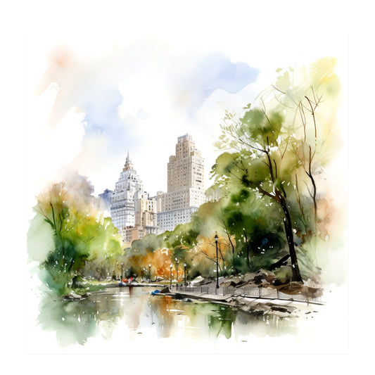 watercolor, cityscape, urban landscape, architecture, skyscraper, chrysler building, central park, nature, trees, foliage, water, pond, lake, soft colors, muted tones, sage green, olive green, yellow, cream, blue, watercolor style, artistic, elegant, modern, spring, summer, scenic, peaceful, nature inspired, landscape