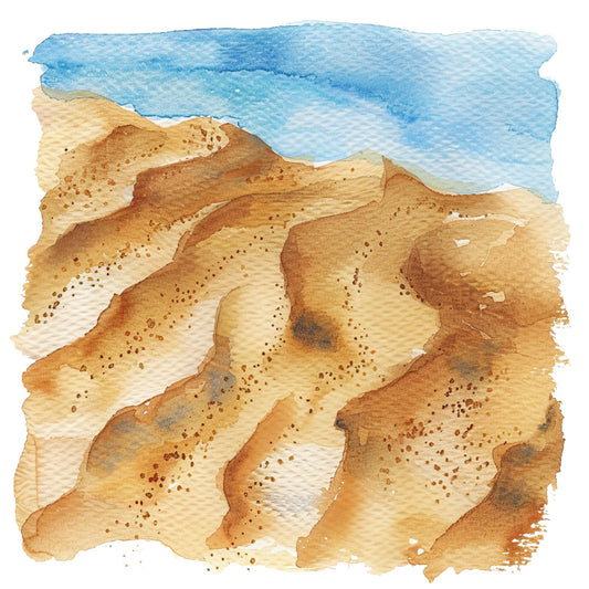 beach scene, coastal, sand dunes, ocean, water, sky, landscape, watercolor, artistic, abstract, natural, beige, tan, cream, light blue, sky blue, aqua, brown, rust, earth tones, scenic, nature, summer, seaside, nautical, textured, organic, impressionistic, topographical, scenic art