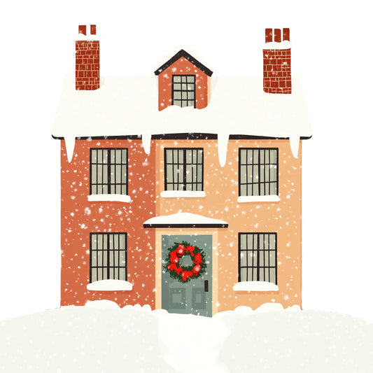 winter holiday, christmas, snow, brick red, terracotta, coral, cream, beige, festive, wreath, buildings, architecture, townhouses, victorian, snow-covered, snowing, seasonal, traditional, vintage, whimsical, charming, home, houses, barred windows, door wreath, winter village, holiday decor, nostalgic, rustic, cheerful