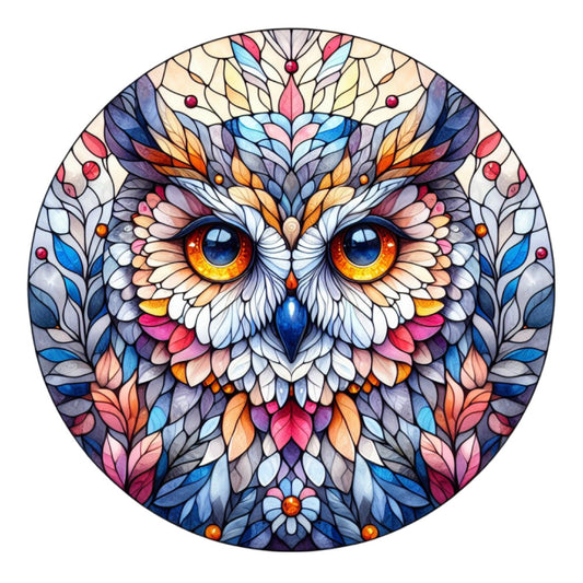 stained glass, owl, mandala, circular design, blue eyes, orange eyes, geometric patterns, purple, pink, blue, white, orange, feathers, symmetrical, decorative, mosaic style, fabric panel, quilting, vibrant colors, ornamental