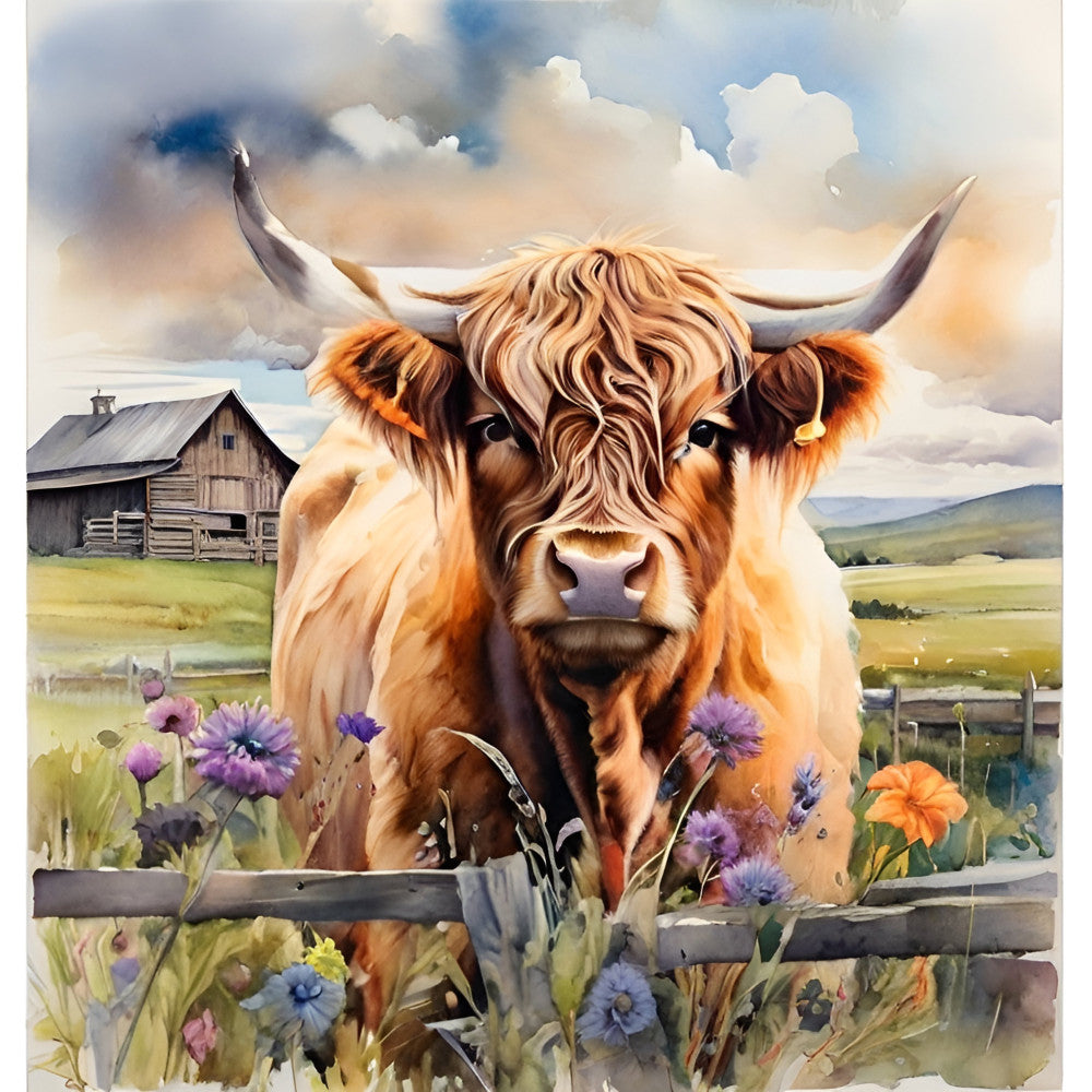 highland cattle, brown, cream, tan, beige, gold, purple, orange, wildflowers, flowers, floral, farmhouse, rustic, barn, pastoral, countryside, livestock, animals, nature, traditional, folk art, watercolor, meadow, fence, rolling hills, summer, spring, wall hanging, home decor, scenic