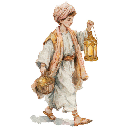 fabric panel, nativity scene, biblical figure, watercolor style, ornate lanterns, flowing robes, turban headwrap, golden yellow, cream white, peach pink, terracotta orange, religious theme, christmas motif, middle eastern clothing, quilting cotton, decorative lanterns, walking figure, soft pastels, holiday crafting, biblical character