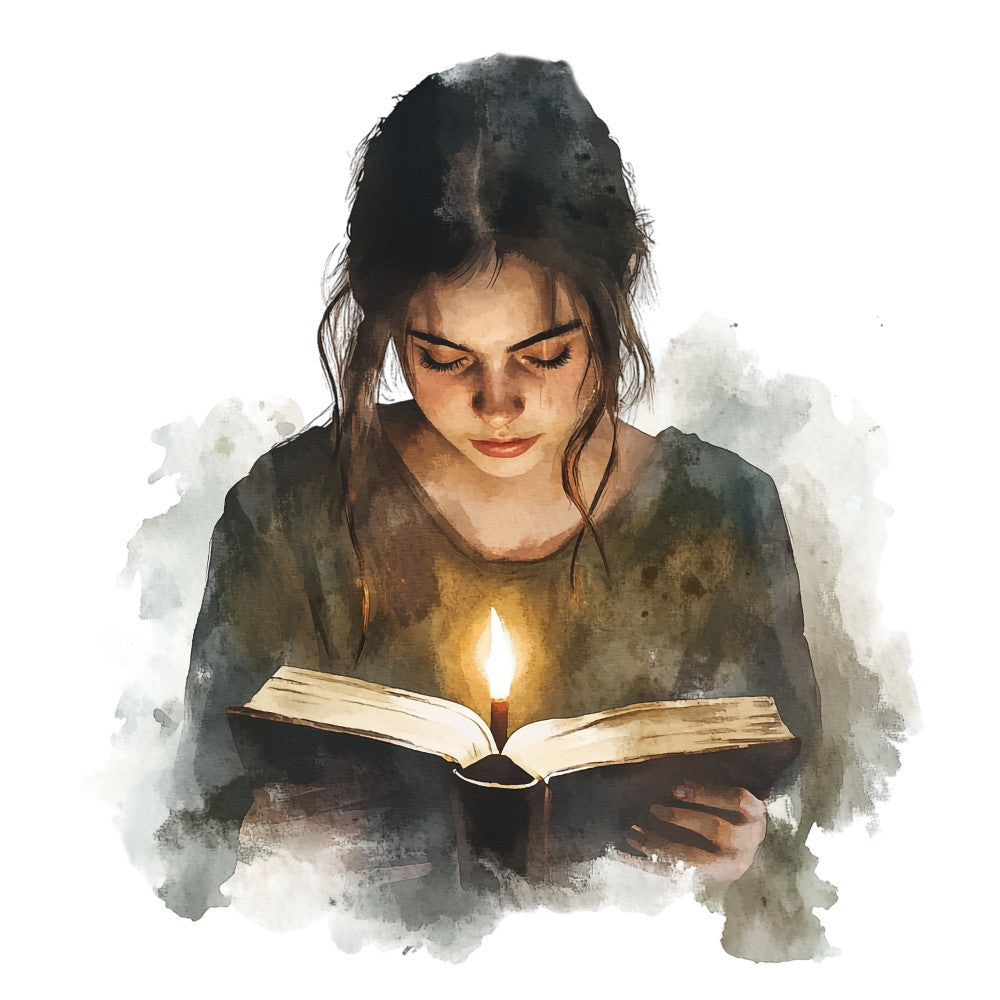 reading, book lover, literary, dark academia, candle light, wisdom, knowledge, education, girl portrait, woman figure, watercolor, artistic, contemplative, peaceful, charcoal gray, cream, warm gold, soft brown, vintage, storytelling, intellectual, inspirational, meditation, library, studying, cozy, elegant, cultural, humanities, muted tones