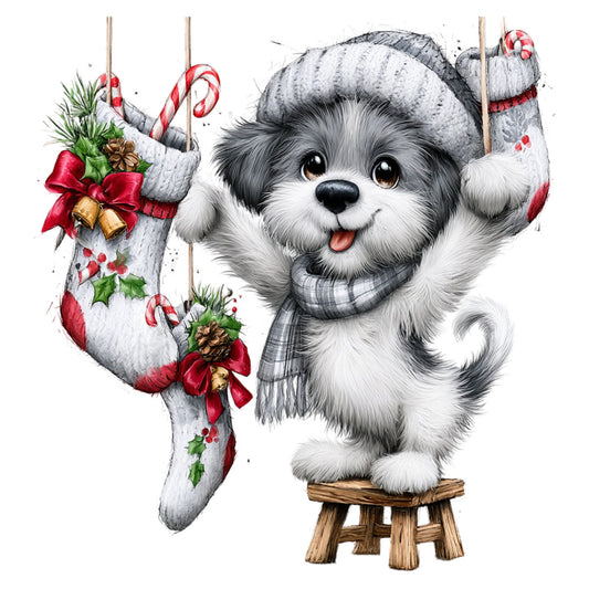 cute puppy, fluffy dog, festive holiday, christmas, red and white, gray and white, black and white, candy cane, plaid scarf, knit hat, winter stocking, holiday stocking, jingle bells, holly, red ribbons, gold bells, whimsical, charming, cheerful, playful, festive animal, dog lover, pet themed, holiday cheer, cozy winter, traditional christmas, seasonal decor, children's design