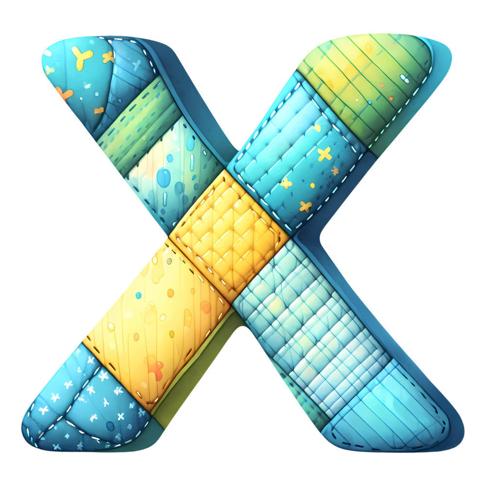 alphabet letter x, blue, turquoise, yellow, green, lime green, sky blue, navy blue, geometric, quilted, stitched, modern, whimsical, playful, educational, letter blocks, colorful patches, stars, crosses, plus signs, children's, kids, nursery, learning theme, alphabet blocks, patchwork style, contemporary, bright and cheerful, paneled design, multi-colored sections