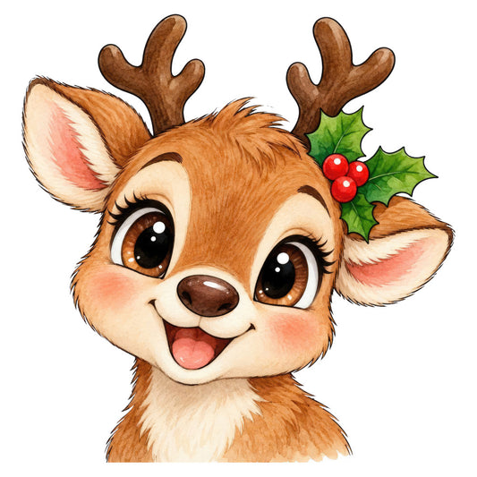 reindeer, christmas, holiday, festive, cute animals, whimsical, deer face, big eyes, holly leaves, red berries, brown, cream, forest green, red, cheerful, playful, nursery, children, baby, winter, seasonal, animal characters, cartoon style, jolly, decorative, wall hanging, craft panel