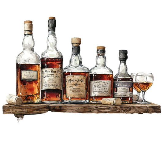 bourbon bottles, whiskey collection, amber liquid, glass bottles, cork stoppers, wooden shelf, rustic wood, brown tones, golden hues, clear glass, vintage labels, distillery theme, alcohol spirits, bar scene, watercolor style, realistic illustration, fabric panel, quilting cotton, masculine theme, aged whiskey