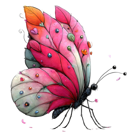 butterfly, whimsical, colorful, pink, magenta, coral, orange, red, cream, gray, nature, insects, decorative gems, jeweled, magical, fantasy, spring, summer, children, kids, animal, wings, vibrant, modern, playful, artistic, illustrated, embellished, accent panel, home decor