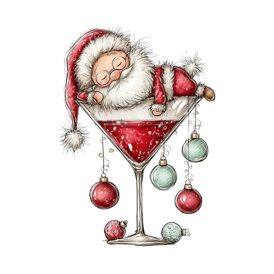 whimsical santa, christmas cocktail, martini glass, santa claus, red and white, festive ornaments, christmas baubles, holiday panel, quilting fabric, cotton panel, watercolor style, playful illustration, seasonal design, christmas spirit, red ornaments, green ornaments, holiday crafting, festive colors, christmas themed, martini party