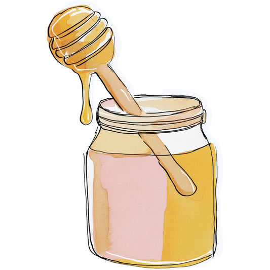 honey jar, golden yellow, soft pink, beige, cream, kitchen, food, whimsical, honey dipper, domestic, home decor, farmhouse, rustic, country, sweet, illustrated, charming, cottage core, culinary, baking, pantry, vintage inspired, folk art, hand drawn, warm tones, neutral palette, everyday objects, novelty, children's