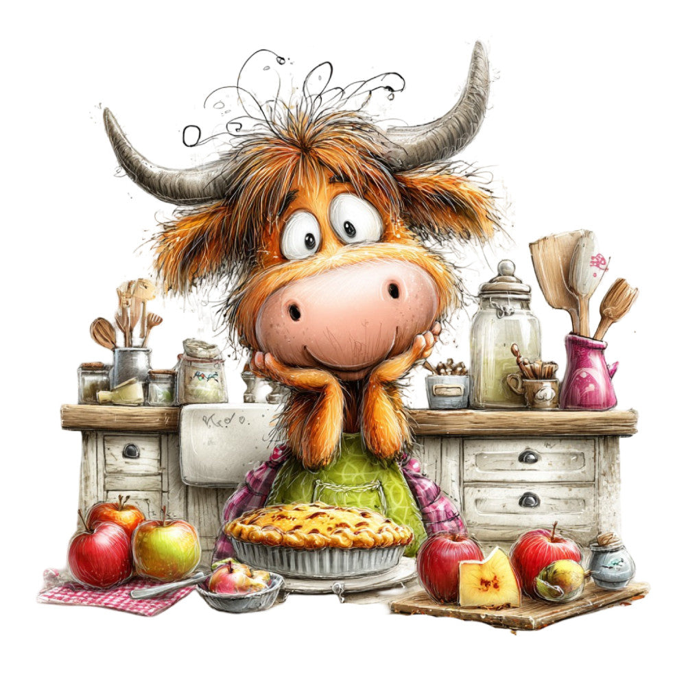 orange, brown, cream, white, burgundy, green, plaid, farmhouse, whimsical, rustic, animals, cattle, highland cow, kitchen, baking, apples, pie, cooking, vintage, charming, folk art, country, illustrated, adorable, humorous, apron, domestic, cozy, cottage core