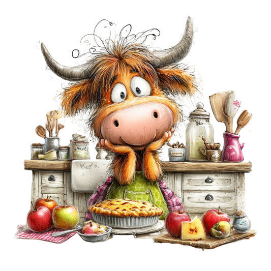 orange, brown, cream, white, burgundy, green, plaid, farmhouse, whimsical, rustic, animals, cattle, highland cow, kitchen, baking, apples, pie, cooking, vintage, charming, folk art, country, illustrated, adorable, humorous, apron, domestic, cozy, cottage core