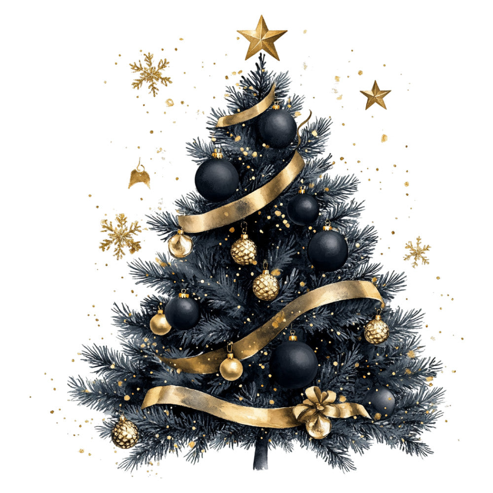 black and gold, navy blue, gold metallic, christmas, holiday, elegant, luxury, modern, festive, ornaments, baubles, stars, ribbons, bows, snowflakes, tree, evergreen, sophisticated, formal, premium, decorative, seasonal, winter, celebration, glamorous, sparkle, shimmer, traditional, festive decor