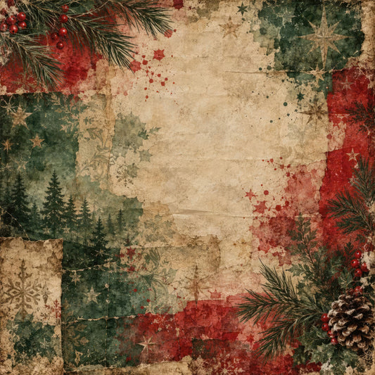vintage christmas, forest green, deep red, cream, aged paper, distressed, stars, snowflakes, pine trees, evergreen, holly berries, pine cones, rustic, traditional, holiday, christmas, winter, nostalgic, grunge texture, festive, elegant, timeless, botanical, nature-inspired, classic, antique, weathered, red and green, seasonal, heritage