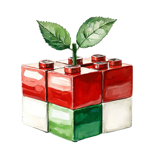 red blocks, green blocks, white blocks, building blocks, plant sprout, leaves, growth, watercolor style, fabric panel, quilting cotton, children's theme, toy blocks, seedling, nature motif, bright colors, whimsical design, nursery fabric, craft panel, geometric shapes, botanical elements