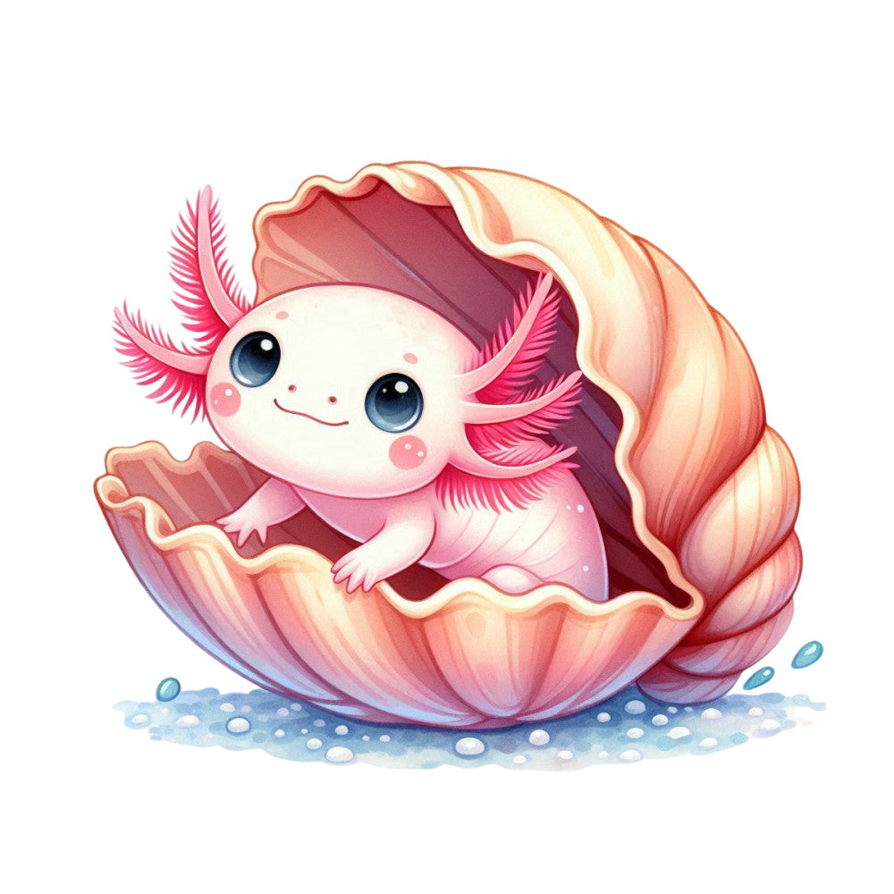 cute axolotl, cartoon animal, pink gills, seashell, ocean theme, kawaii style, soft pastels, coral pink, cream colors, blue accents, marine life, adorable character, fabric panel, quilting cotton, aquatic design, whimsical illustration, children's fabric, nursery decor, underwater scene, playful design