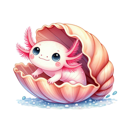 cute axolotl, cartoon animal, pink gills, seashell, ocean theme, kawaii style, soft pastels, coral pink, cream colors, blue accents, marine life, adorable character, fabric panel, quilting cotton, aquatic design, whimsical illustration, children's fabric, nursery decor, underwater scene, playful design